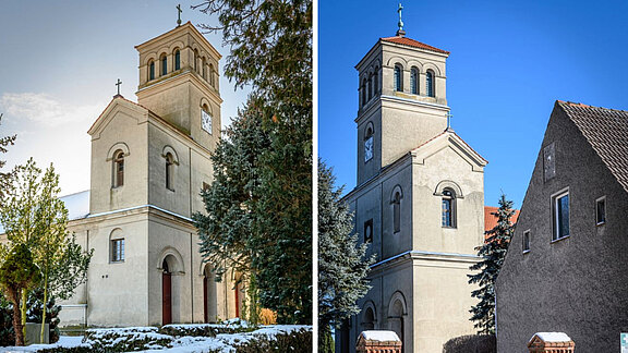 Zwei Ansichten einer Kirche, eine in winterlicher Landschaft mit Schnee und die andere bei klarem Himmel. Beide zeigen den markanten Kirchturm mit Uhr und Kreuz. Die Umgebung umfasst einige Bäume und benachbarte Gebäude, die den kirchlichen Charakter unterstützen.