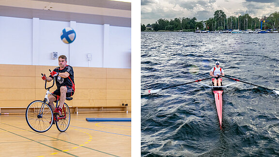Zweiteiliges Bild: Links spielt ein Sportler in einer Halle Radball, balanciert auf dem Fahrrad und trifft den Ball. Rechts rudert eine Person allein in einem Einer auf welligem Wasser mit zwei Rudern.