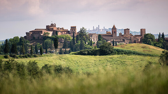 Eine malerische Landschaft zeigt eine historische Festung auf einem Hügel, umgeben von grünen Feldern und Bäumen. Im Hintergrund sind weitere Gebäude und Türme sichtbar, die die Architektur der Region widerspiegeln. Der Himmel ist leicht bewölkt und verleiht der Szene eine ruhige Atmosphäre.