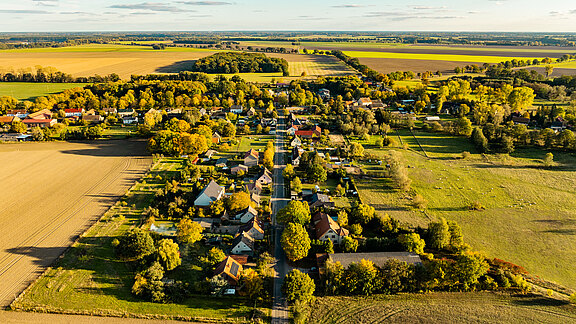 Luftaufnahme eines kleinen Dorfes umgeben von Feldern und Wiesen in der herbstlichen Landschaft. Die Häuser sind von Bäumen und Sträuchern umgeben, die Farben der Blätter variieren zwischen Grün und Gelb. Im Hintergrund erstrecken sich sanfte Hügel und weite Felder.