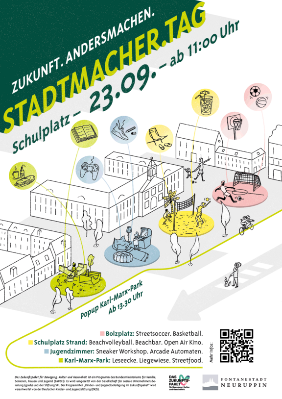 Text zur Bildbeschreibung:
Eine Veranstaltung mit verschiedenen Aktivitäten wird für den 23. September angekündigt, darunter Streethockey, Basketball und ein Sneaker-Workshop. Der Schulplatz und der Karl-Marx-Park in Neuruppin sind die Veranstaltungsorte. Informationen und Zeiten sind auf einem bunten Plakat dargestellt.