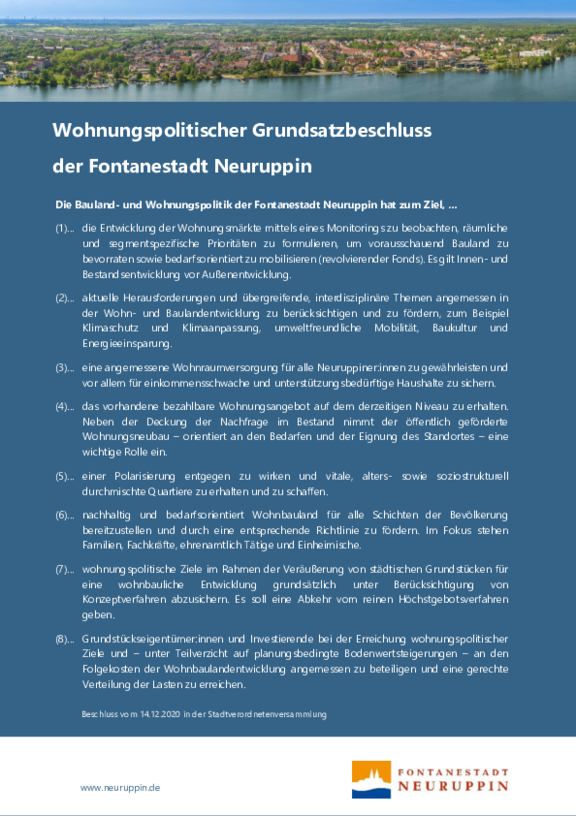 Kurzübersicht zum wohnungspolitischen Grundsatzbeschluss Kurzübersicht zum wohnungspolitischen Grundsatzbeschluss