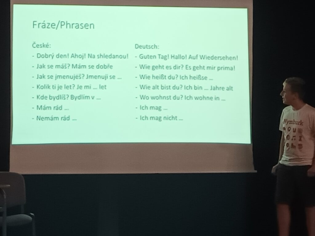 Auf der linken Seite steht eine Liste von tschechischen Phrasen, während auf der rechten Seite die deutschen Übersetzungen abgebildet sind. Ein Mann steht daneben und präsentiert die Inhalte.
