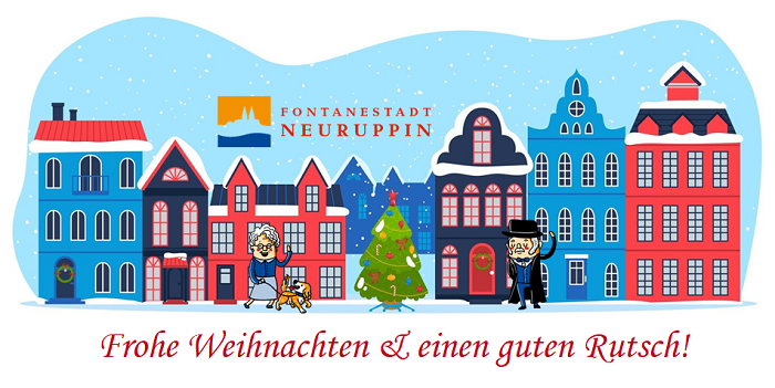 Illustration einer winterlichen Stadtansicht mit der Bildunterschrift Frohe Weihnachten und einen guten Rutsch!